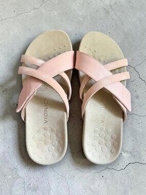 Vionic Zarie Slide Sandals Pink Leather Wide Width Orthotic Comfort Size 10